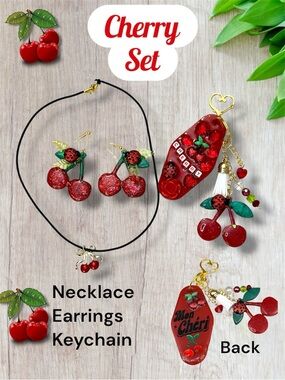 Cherry Set Necklace Earrings Keychain, Jewelry Set 3, Ladybug, Mon Cheri, Mom
